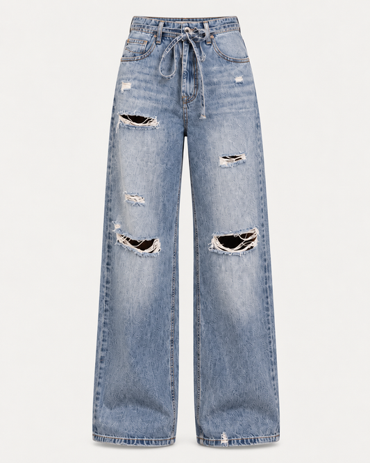 Queen Hearts Ripped Wide Leg Broek - Mediumblauw