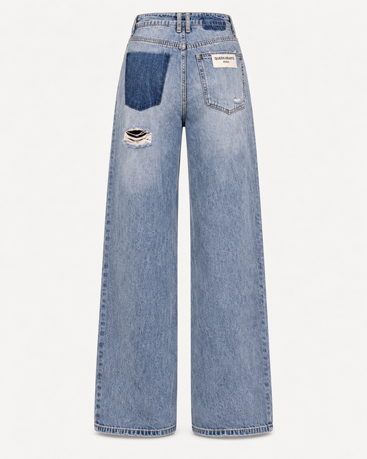 Queen Hearts Ripped Wide Leg Broek - Mediumblauw
